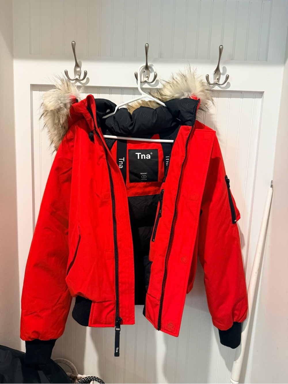 TNA (Aritzia) Bright Red Hooded Puffer with Faux Fur Trim